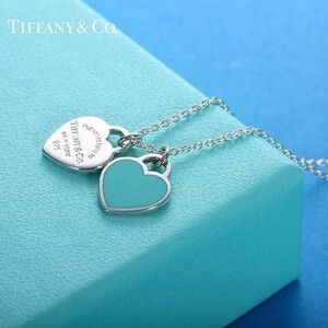 Tiffany & Co. Silver Chain Necklace with Turquoise Enamel Heart and Heart Tag